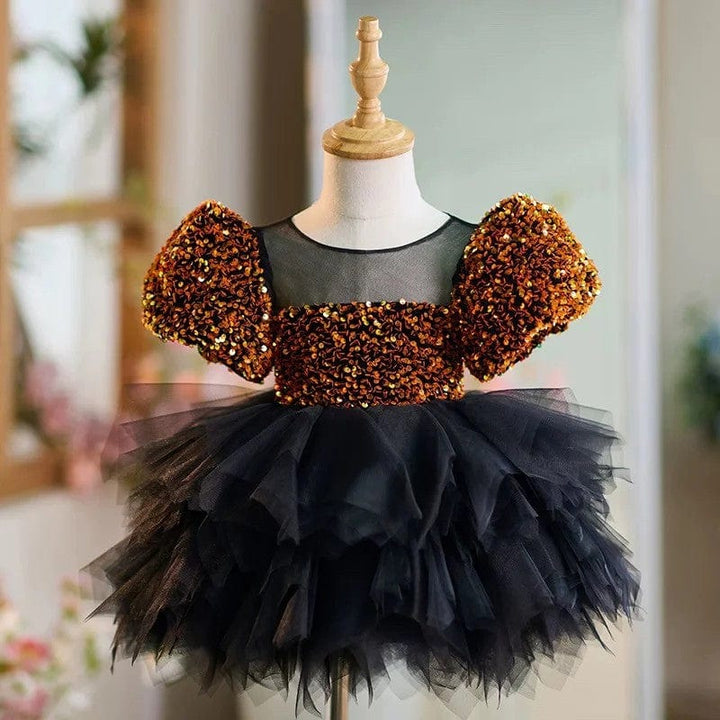3m / Gold and Balck Sunnypetal Glitter Gold Sequin Short Sleeves Black Tulle Toddler Birthday Prom Gown
