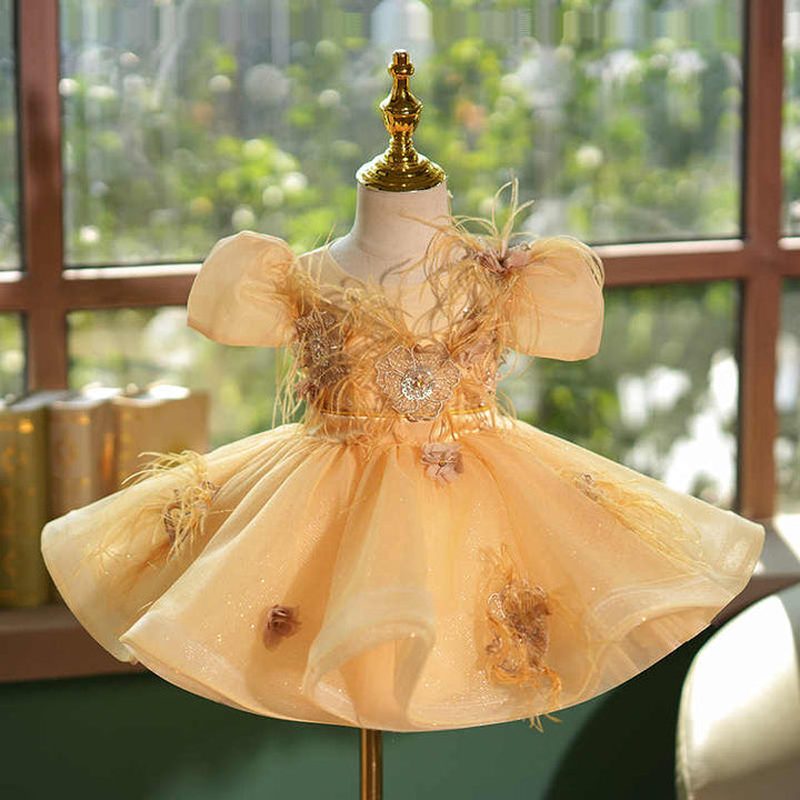 3m / Gold Sunnypetal Exquisite Puff Sleeves Feathers Sequins Tulle Flower Girl Dresses