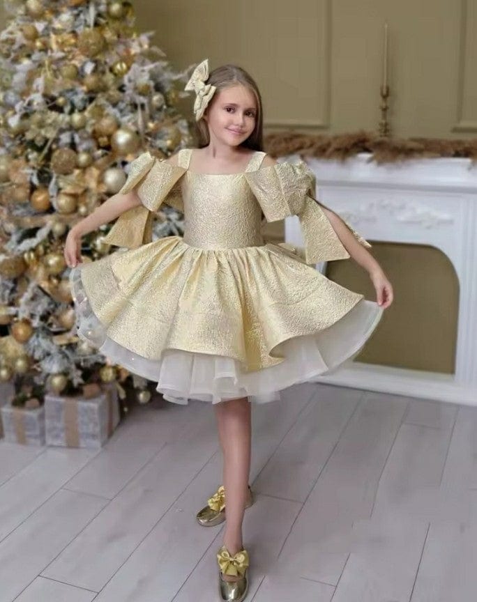 Sunnypetal Gold Satin Puffy Princess Flower Girl Dresses Short Big Bow sunnypetal Sunnypetal Gold Satin Puffy Princess Flower Girl Dresses Short Big Bow sunnypetal