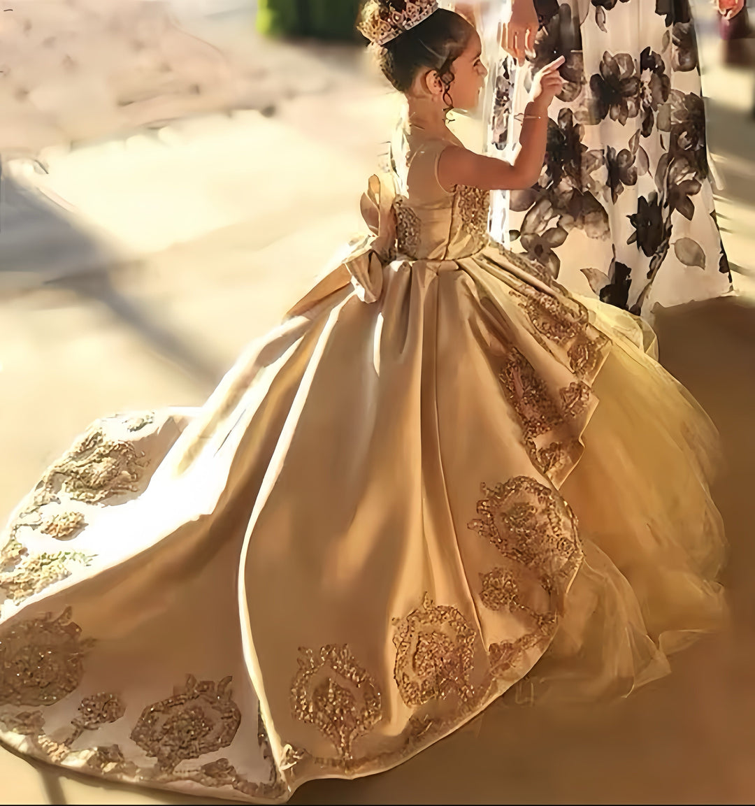 3m / Gold Sunnypetal Golden Long Flower Girl Dress Satin Appliques Evening Ball Gown wtih Bow
