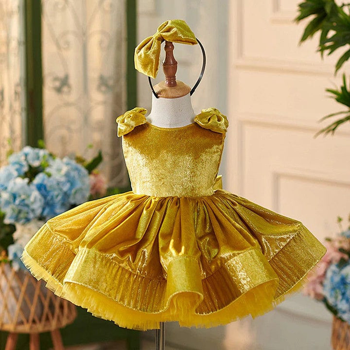 3m / Gold Sunnypetal Gorgeous Gold Sleeveless Birthday Party Princess Girl Dress with Bows