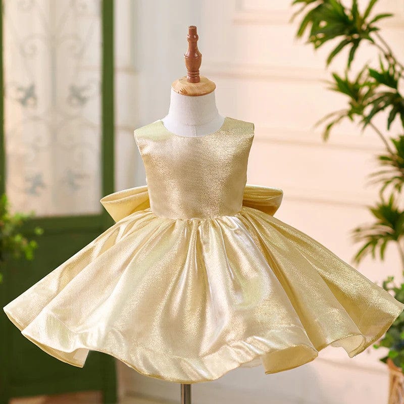 3m / Gold Sunnypetal Luxurious Satin Sleeveless Ball-Gown Flower Girl Dresses with Bow