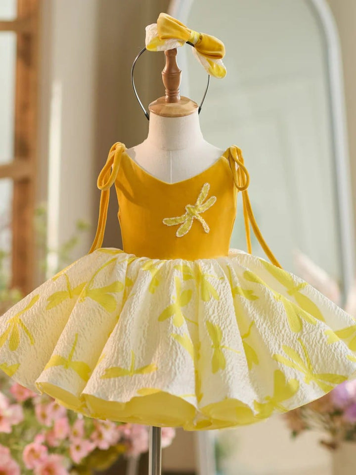 3m / Gold Sunnypetal V-Neck Tulle Knee-Length Flower Girl Dresses with Gold Velvet Bodice