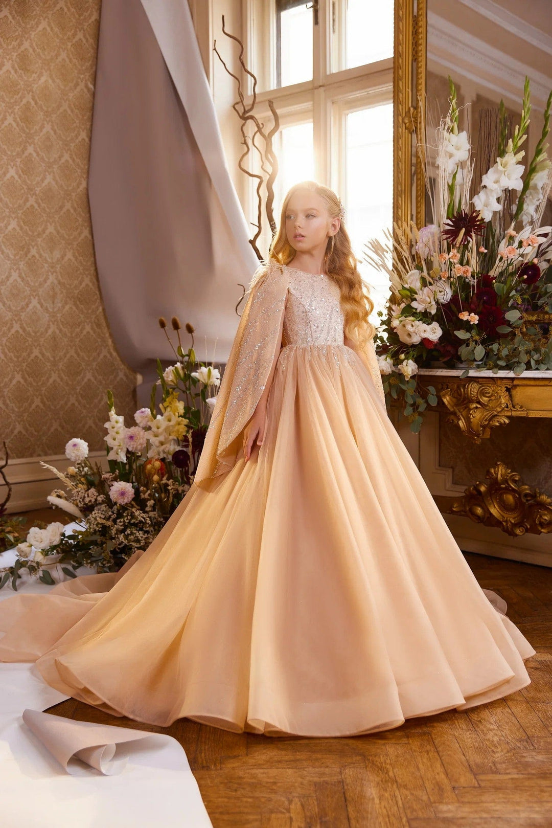 3m / Golden Sunnypetal Golden Enchantment Gown Shiny Tulle Princess Flower Girl Dress with Cape Sleeves