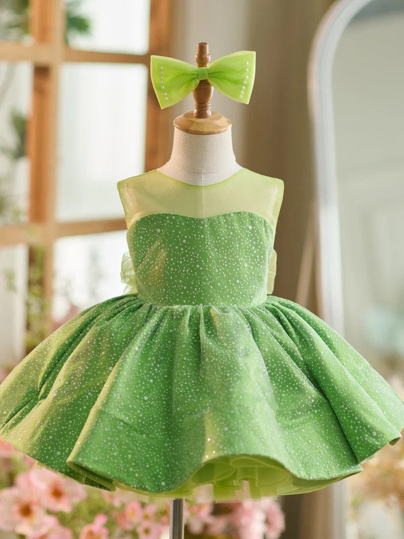 Sunnypetak Green Sleeveless Knee-length Toddler Birthday Dress wtih White  Dots / Bow