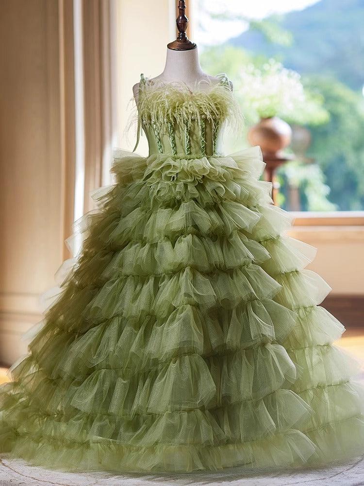 3m / Green Sunnypetal Green Layered Tulle Princess Flower Girl Dresses Birthday Pageant Dress