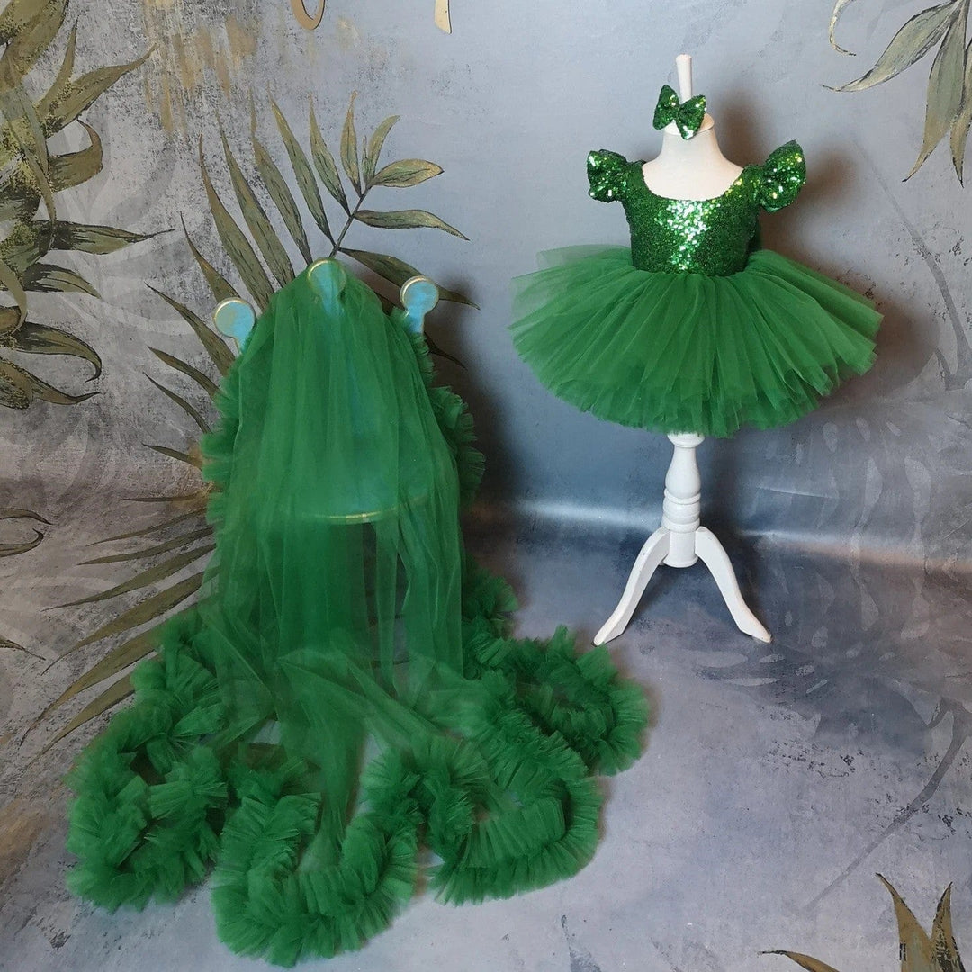 3m / Green Sunnypetal Green Sequin Puff Tulle Flower Girl Dresses 1st Birthday Prom Gown