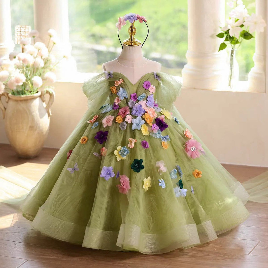 3m / Green Sunnypetal Luxury Green Flower Girl Gown with 3D Floral Appliqués