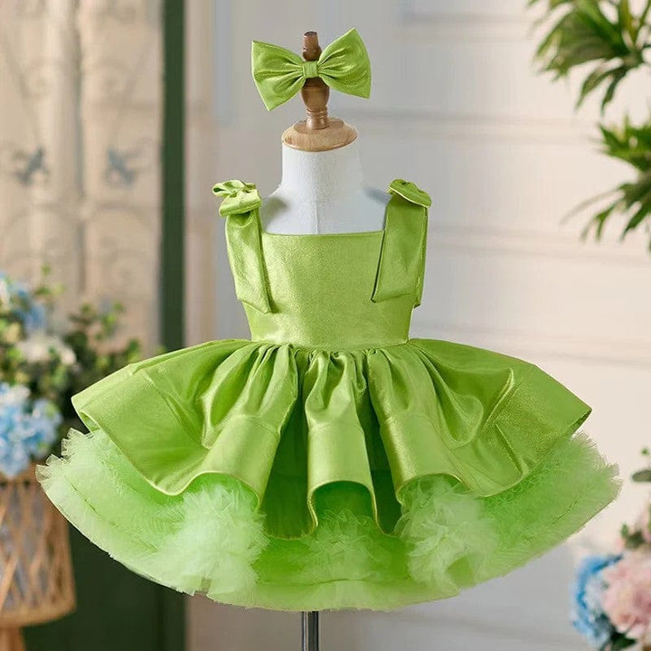 3m / Green Sunnypetal Satin/Tulle Square Collar Bows Baby Toddler Knee Length Girl Dress