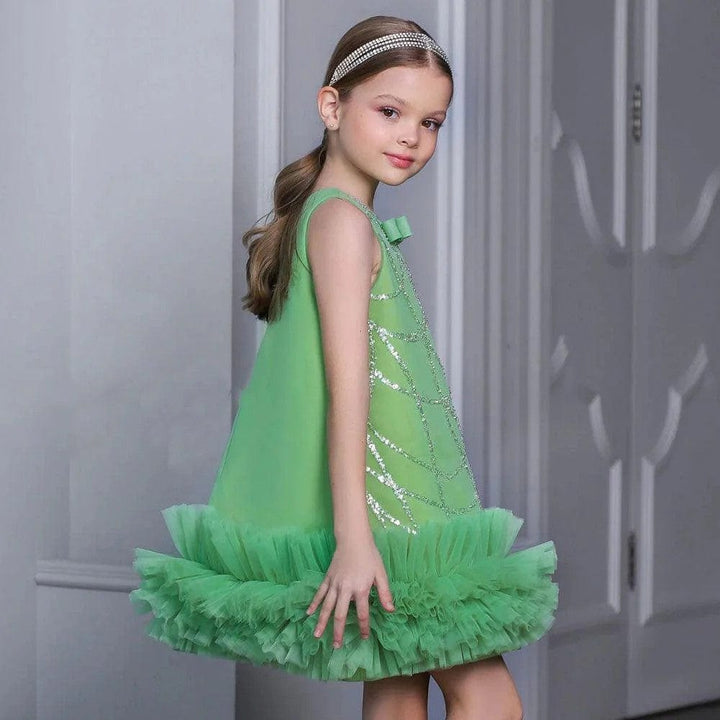 3m / Green Sunnypetal Sparkly Lilac Tiered Tulle Knee-Length Princess Birthday Flower Girl Dresses