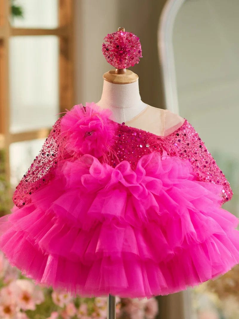 3m / Hot Pink Sunnypetal Glitter Sequins Puffy Tulle Knee-Length Baby Girl Dress