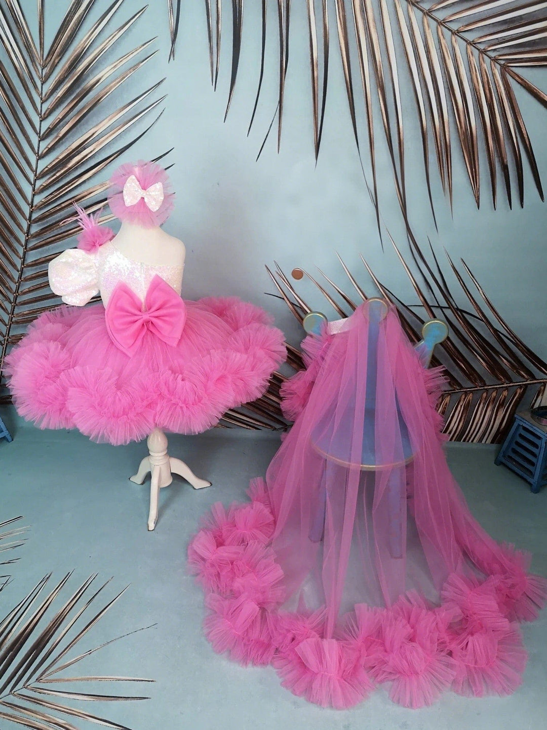 3m / Hot Pink Sunnypetal Hot Pink Knee-Length Tulle Flower Girl Dresses Baby Girl Birthday Prom Gown