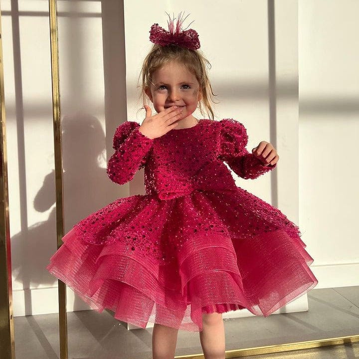 hot pink knee length dress Sunnypetal Long Sleeves Sequins Bow Knee-Length Flower Girl Dresses * Premium Italian silky Size:9 1/2 1950s Dramatic Gothic Formal Dresses