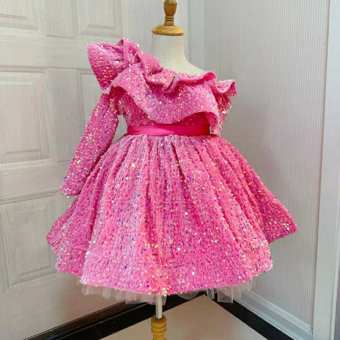 3m / Hot Pink Sunnypetal Hot Pink Sequin Flower Girl Dresses Knee Length Toddler Kids Birthday Pageant Dress