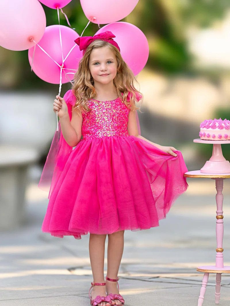 Sunnypetal Hot Pink Sequins Flower Girl Dress V-Back Puff Sleeve Birthday  Party Dress