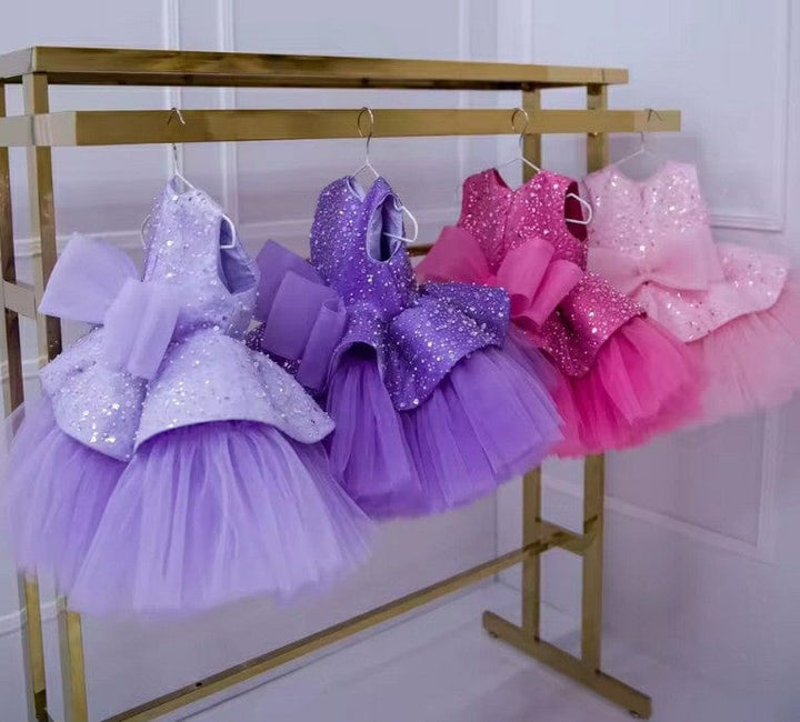 3m / Hot Pink Sunnypetal Puffy Tulle Flower Girl Dresses Lace Bow Baby Kids Birthday Knee-Length Ball-Gown