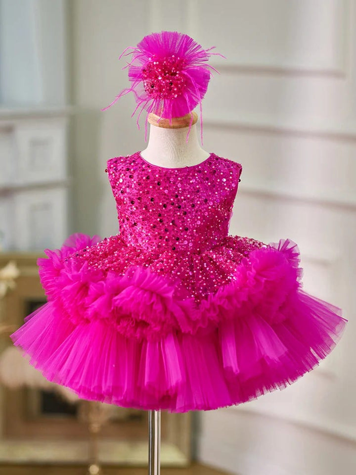 3m / Hot Pink Sunnypetal Sleeveless Sequins Tulle Knee-Length Baby Girl Dress 1st Birthday Party Dress