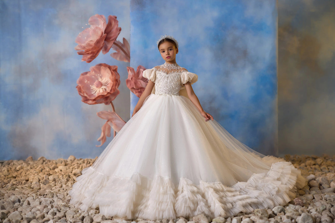 3m / Ivory and Cappucinno Sunnypetal Fairy Bloom Puff Sleeve Layered Tulle Flower Girl Dress with Elegant Bow