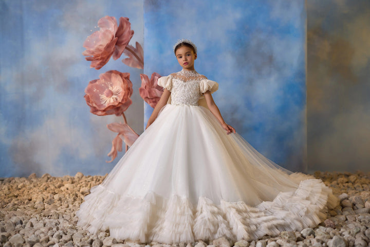 3m / Ivory and Cappucinno Sunnypetal Fairy Bloom Puff Sleeve Layered Tulle Flower Girl Dress with Elegant Bow