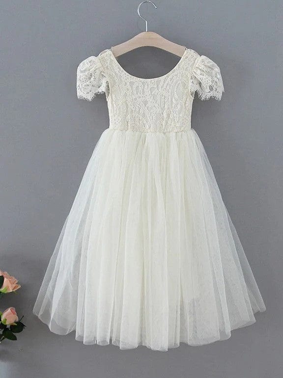 3m / Ivory Sunnypetal A-Line V Back Short Sleeves Lace Tulle Ankle-Length Boho Flower Girl Dresses