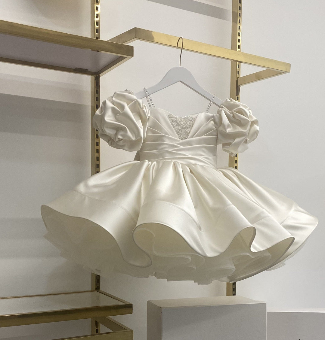 3m / Ivory Sunnypetal Adorable Puff Sleeves Satin Flower Girl Dress Sage Green Knee-Length Ball-Gown for Kids