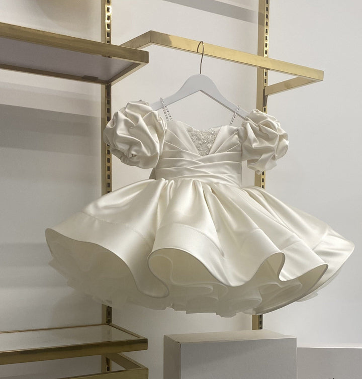 3m / Ivory Sunnypetal Adorable Puff Sleeves Satin Flower Girl Dress Sage Green Knee-Length Ball-Gown for Kids