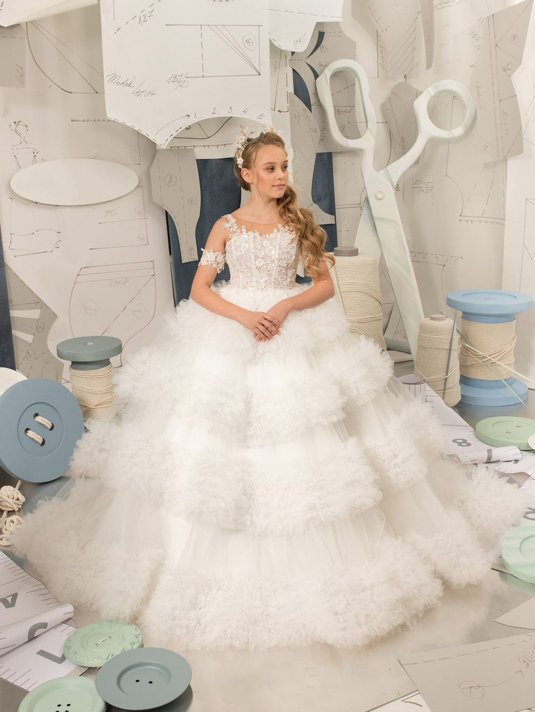 3m / Ivory Sunnypetal Ball Gown Floral Appliques Puffy Tulle Flower Girl Dresses for Wedding