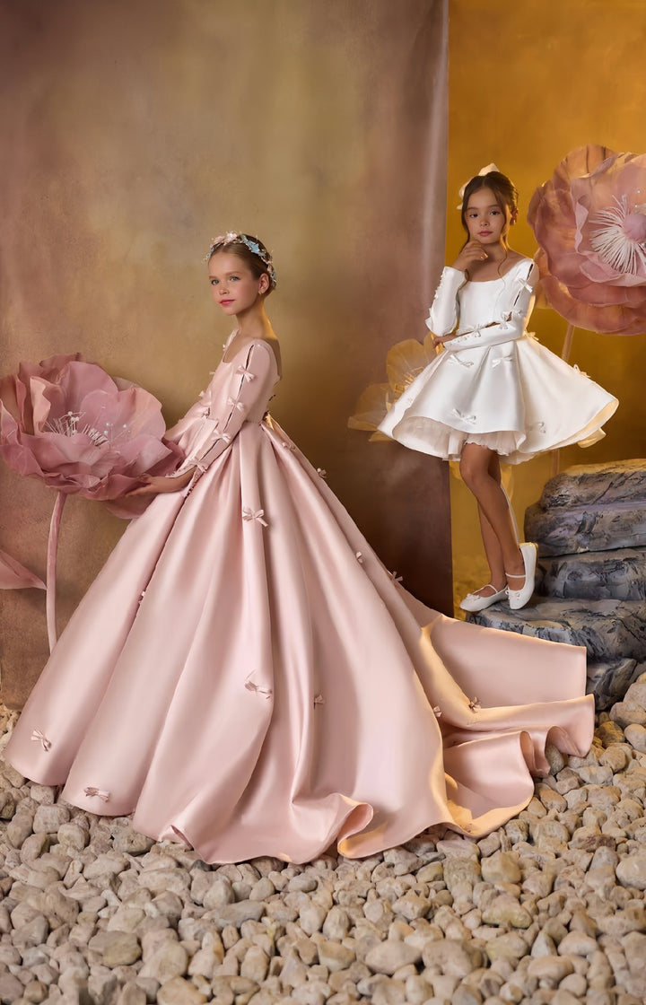 3m / Ivory Sunnypetal Dreamy Pink and Charming Ivory Flower Girl Gown with Bows/Beading