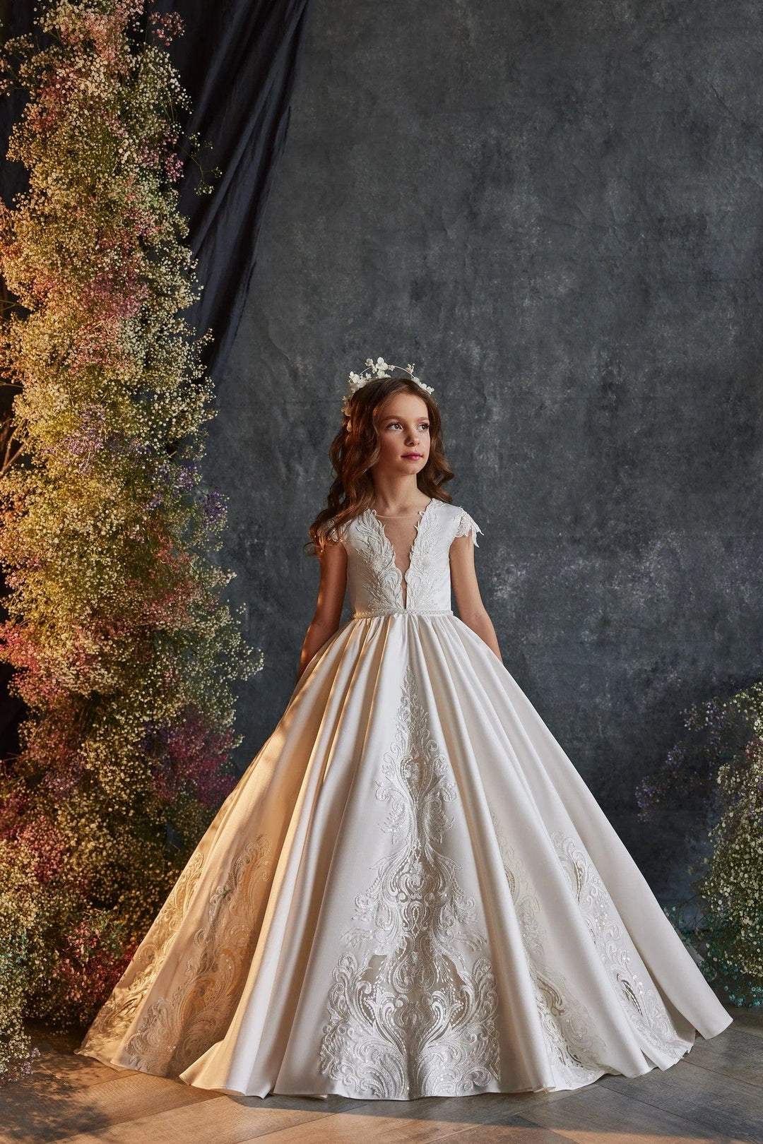 3m / Ivory Sunnypetal Elegant Ivory Satin Flower Girl Dress with Lace Embroidery