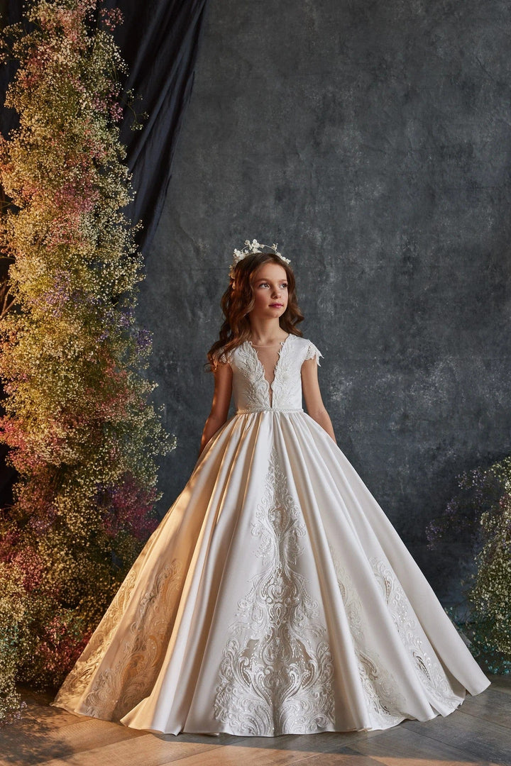 3m / Ivory Sunnypetal Elegant Ivory Satin Flower Girl Dress with Lace Embroidery