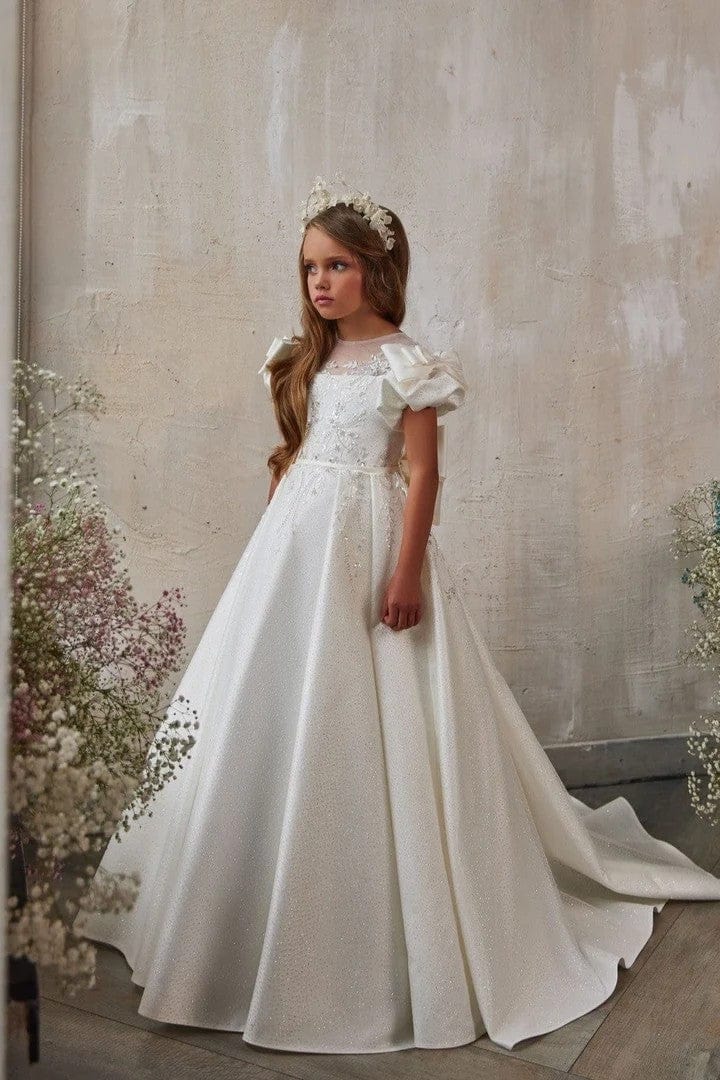 3m / Ivory Sunnypetal Elegant Puff Sleeves Bow-Embellished Flower Girl Dress with Sparkling Beads
