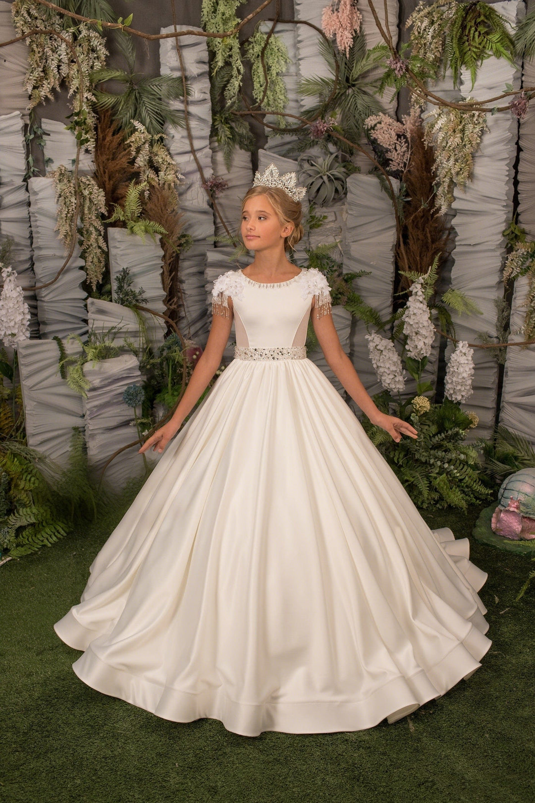 3m / Ivory Sunnypetal Elegant Satin Ball Gown Flower Girl Dress with Sparkling Belt