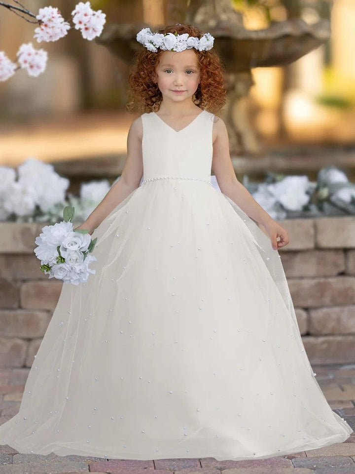 3m / Ivory Sunnypetal Elegant V-Neck Satin/Tulle Princess Flower Girl Dress for Wedding Party