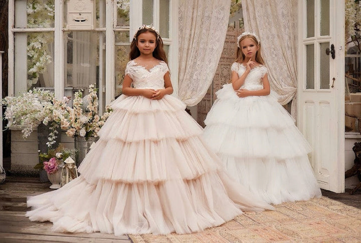 3m / Ivory Sunnypetal Enchanted Lace Tiered Ball Gown with Crisscross Pleated Bodice