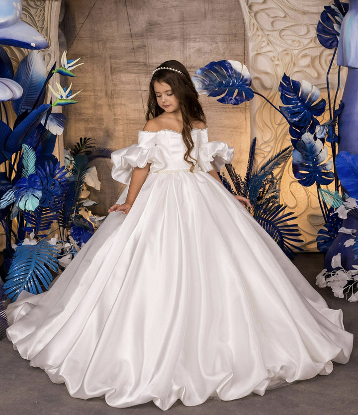 3m / Ivory Sunnypetal Ethereal Ivory Off-Shoulder Flower Girl Dress with Dramatic Puff Sleeves