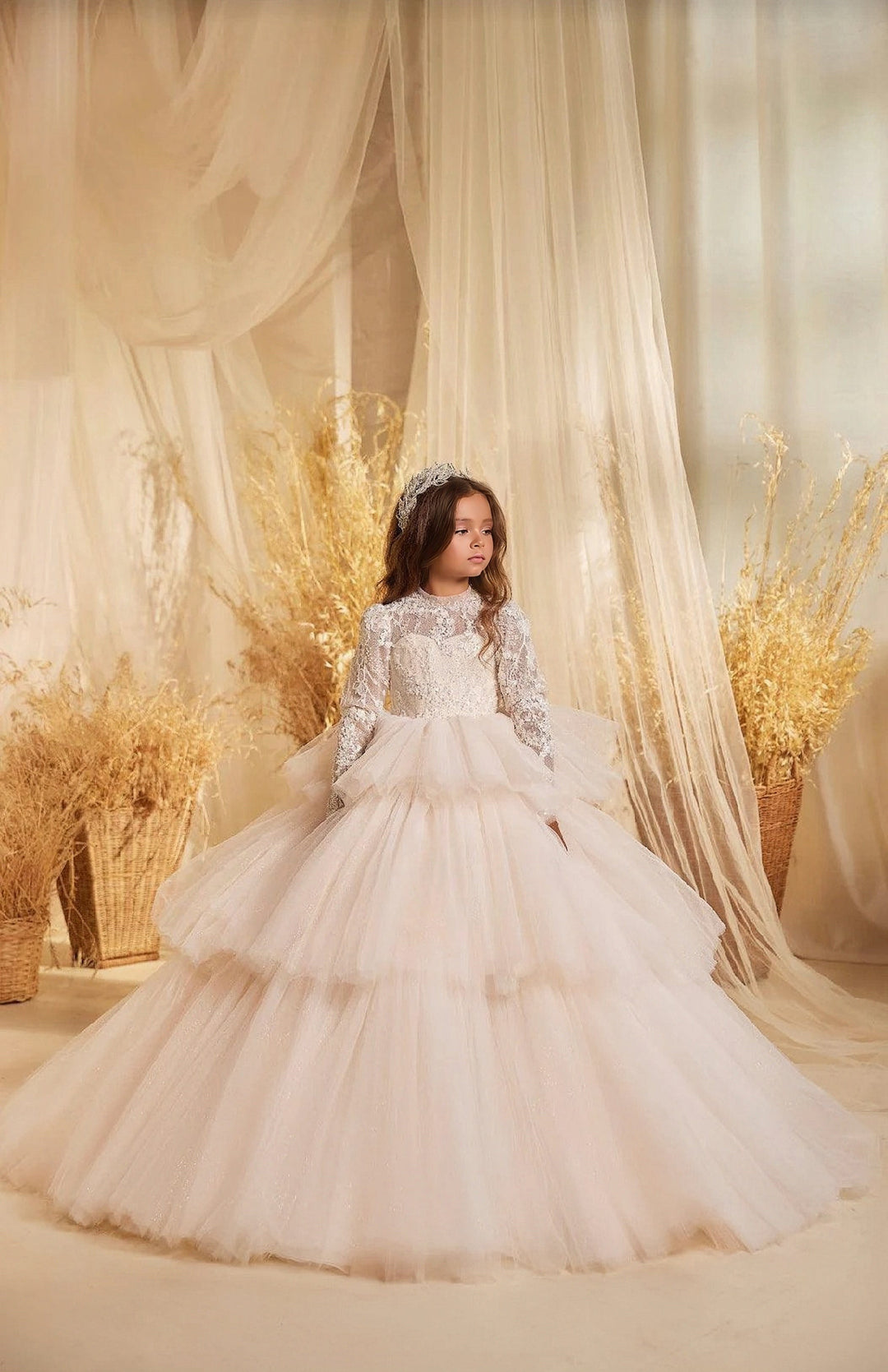 3m / Ivory Sunnypetal Ethereal Long Sleeves Lace Tiered Glitter Tulle Princess Flower Girl Gown