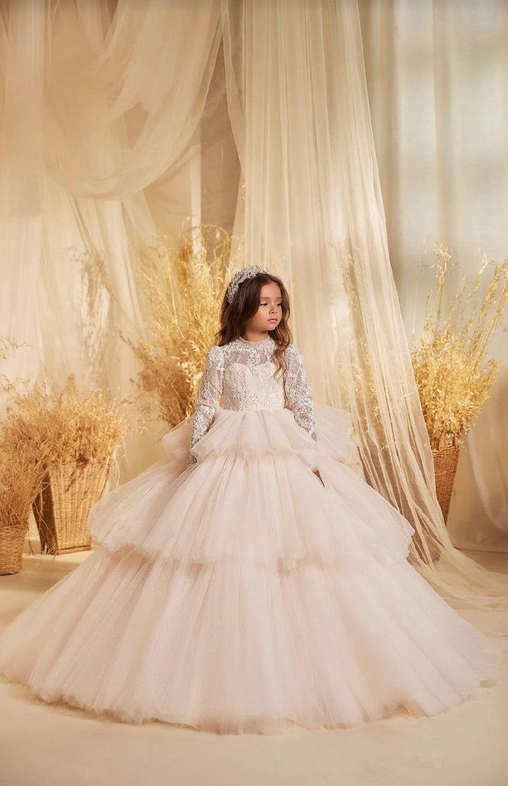 3m / Ivory Sunnypetal Ethereal Long Sleeves Lace Tiered Glitter Tulle Princess Flower Girl Gown