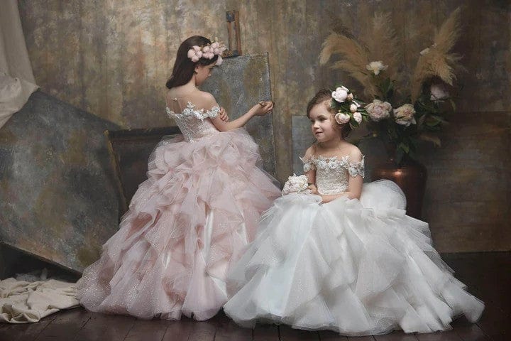 3m / Ivory Sunnypetal Exquisite Off Shoulder Floral Ruffles Ball Gown Flower Girl Dress