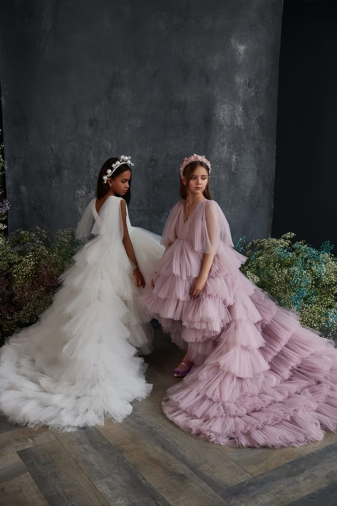 3m / Ivory Sunnypetal Fairytale Asymmetrical Ruffle Ball Gown Tulle Flower Girl Dresses with Cape Sleeves