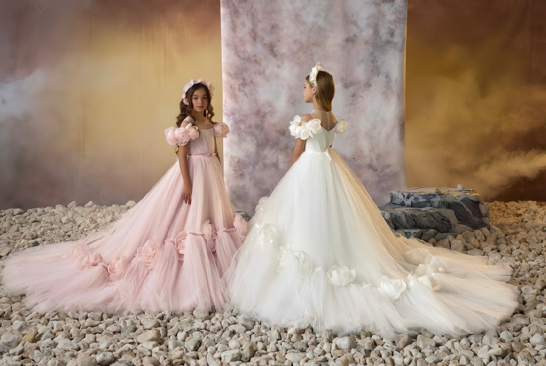 3m / Ivory Sunnypetal Fairytale Pink Tulle Dresses Rose Petal Princess Gown with Cathedral Train