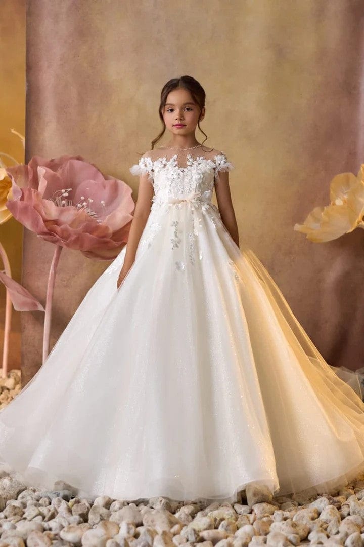 3m / Ivory Sunnypetal Faith’s Promise Floral Appliques Beaded Tulle Communion Gown