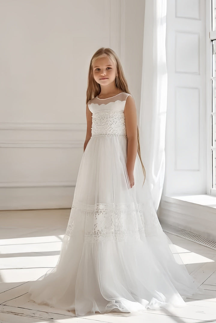 3m / Ivory Sunnypetal Flower Girl Dresses Ivory Sleeveless Lace Boho Chic Communion Dress