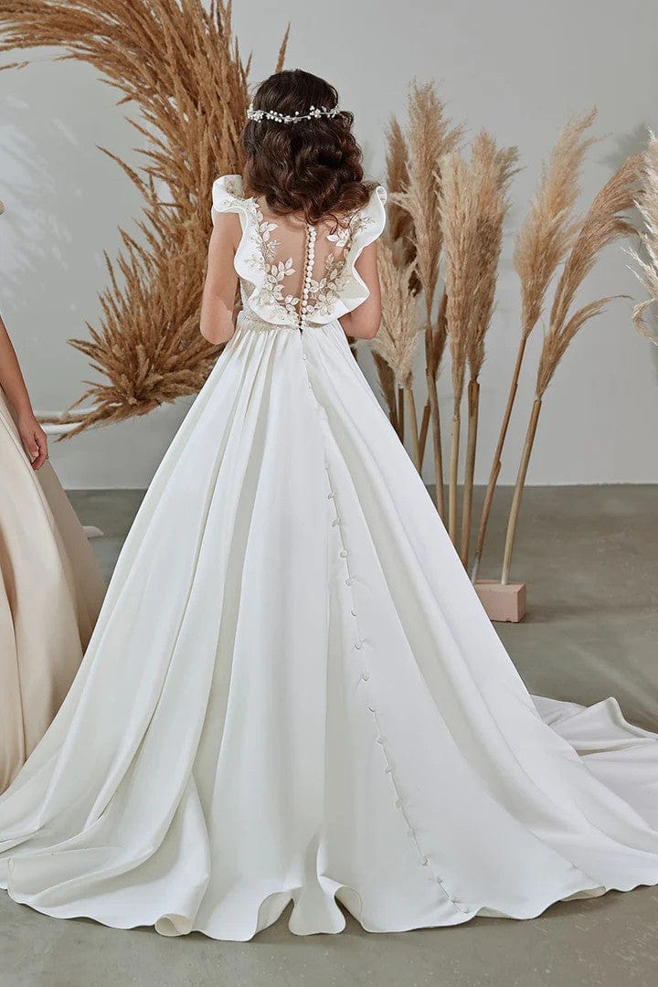 3m / Ivory Sunnypetal Flutter Sleeve Long Satin Flower Girl Dresses for Special Occasion