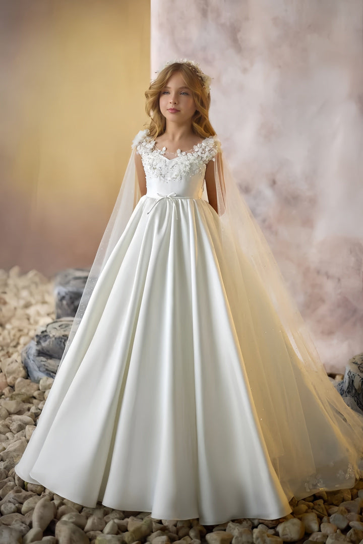 3m / Ivory Sunnypetal Glitter Tulle Cloak Sleeves Floral Appliques Satin Flower Girl Dresses Communion Gown