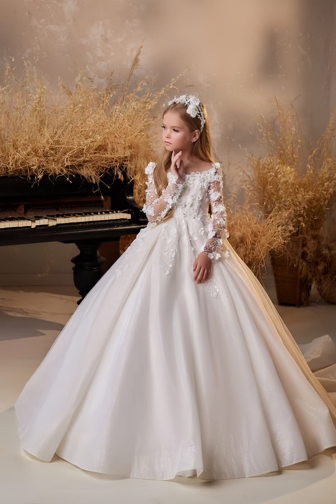 3m / Ivory Sunnypetal Glitter Tulle Flower Girl Dresses Long Sleeves Flowers Communion Dress