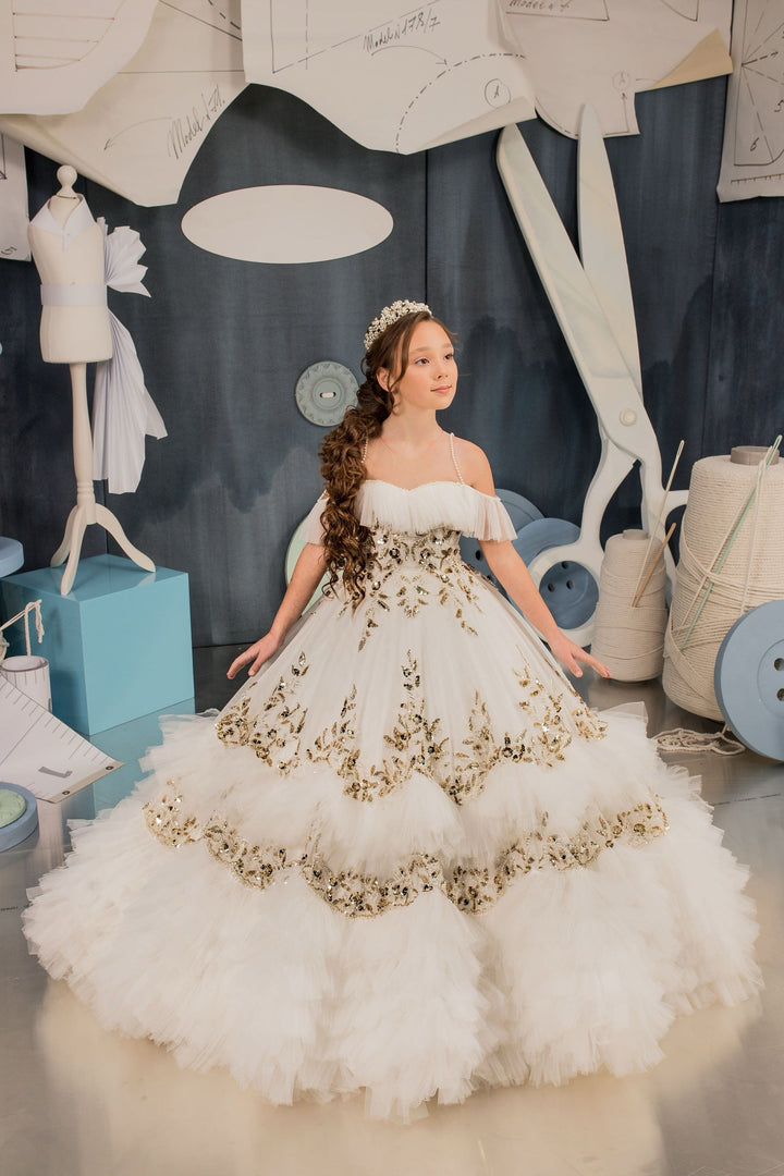 3m / Ivory Sunnypetal Gorgeous Off-Shoulder Gold Sequins Layered Tulle Flower Girl Pageant Gown