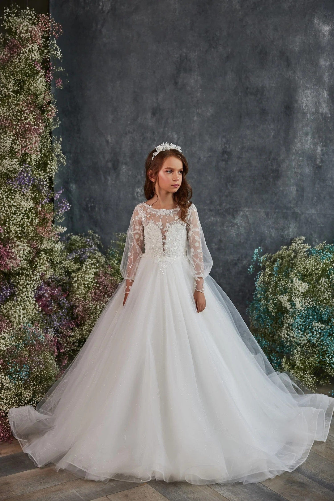 3m / Ivory Sunnypetal Ivory Lace Illusion Long Sleeve Butterfly Appliqué Flower Girl Gown