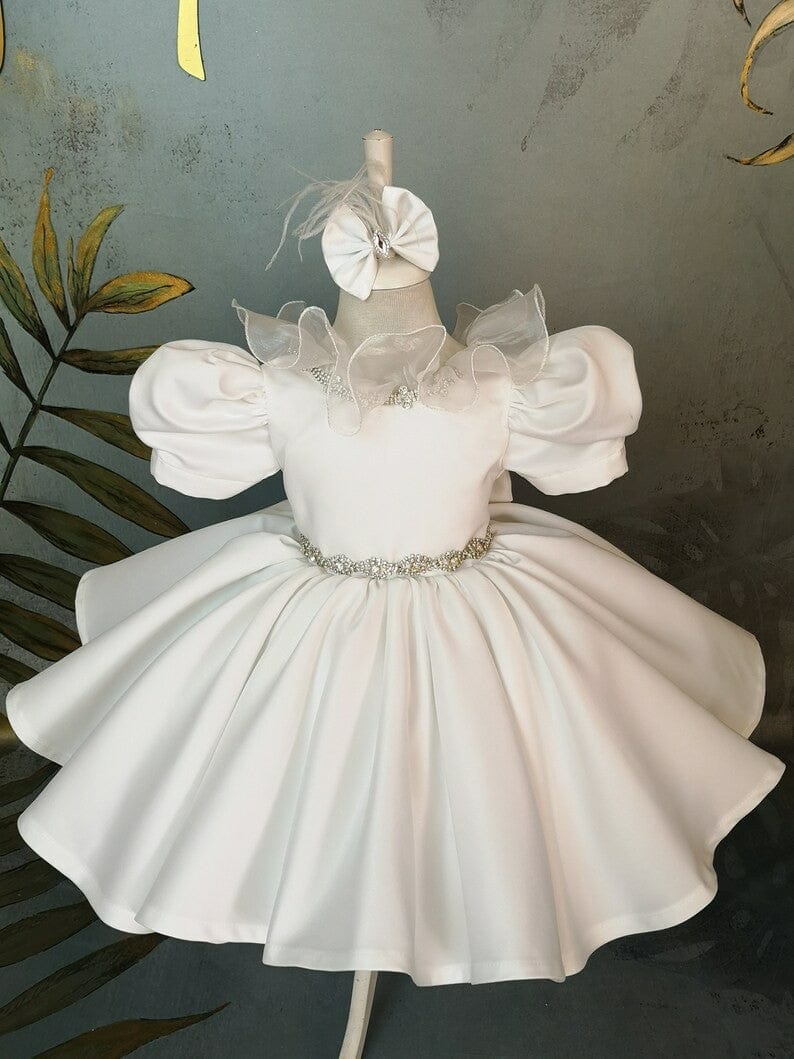 3m / Ivory Sunnypetal Ivory Puff Sleeves Satin Rhinestones Bow Knee-Length Flower Girl Dresses