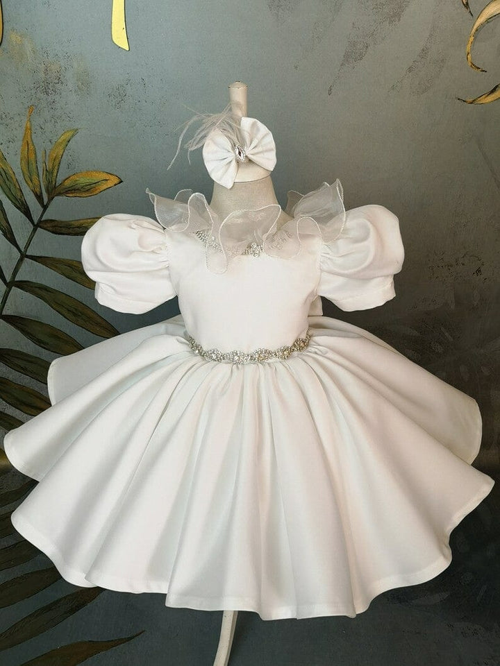 3m / Ivory Sunnypetal Ivory Puff Sleeves Satin Rhinestones Bow Knee-Length Flower Girl Dresses