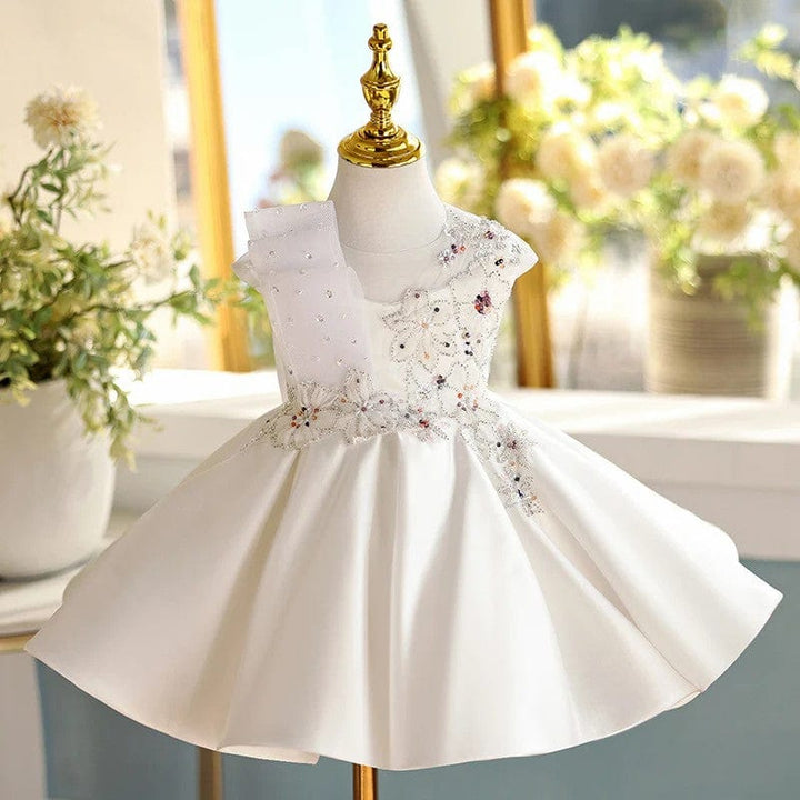3m / Ivory Sunnypetal Ivory Satin Floral Appliques Knee-Length Flower Girl Dresses with Bow